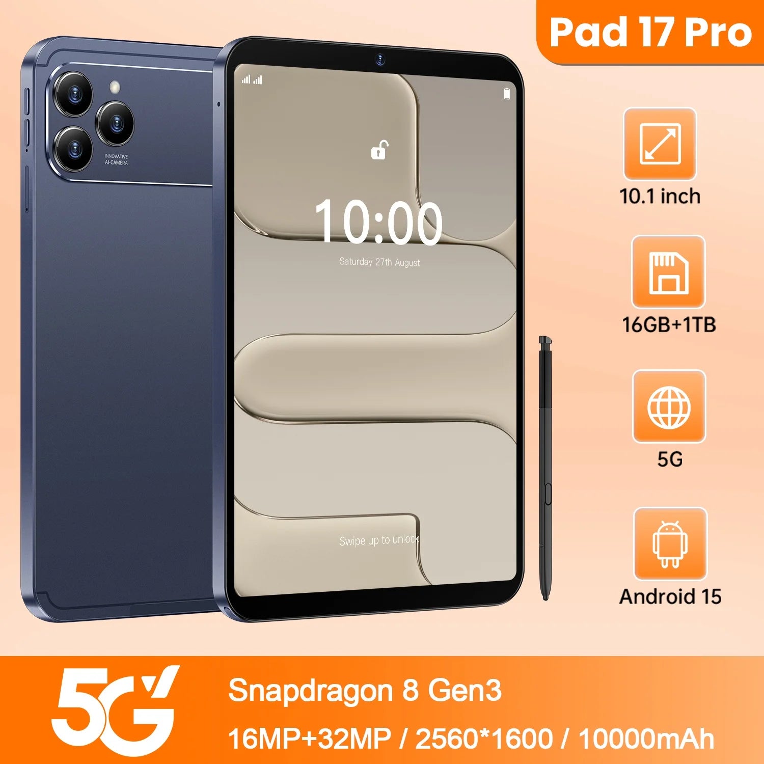 Global Version 5G Pad 17 Pro Max 10.1Inch Android Tablet 16GB+1TB 10000mAh Battery