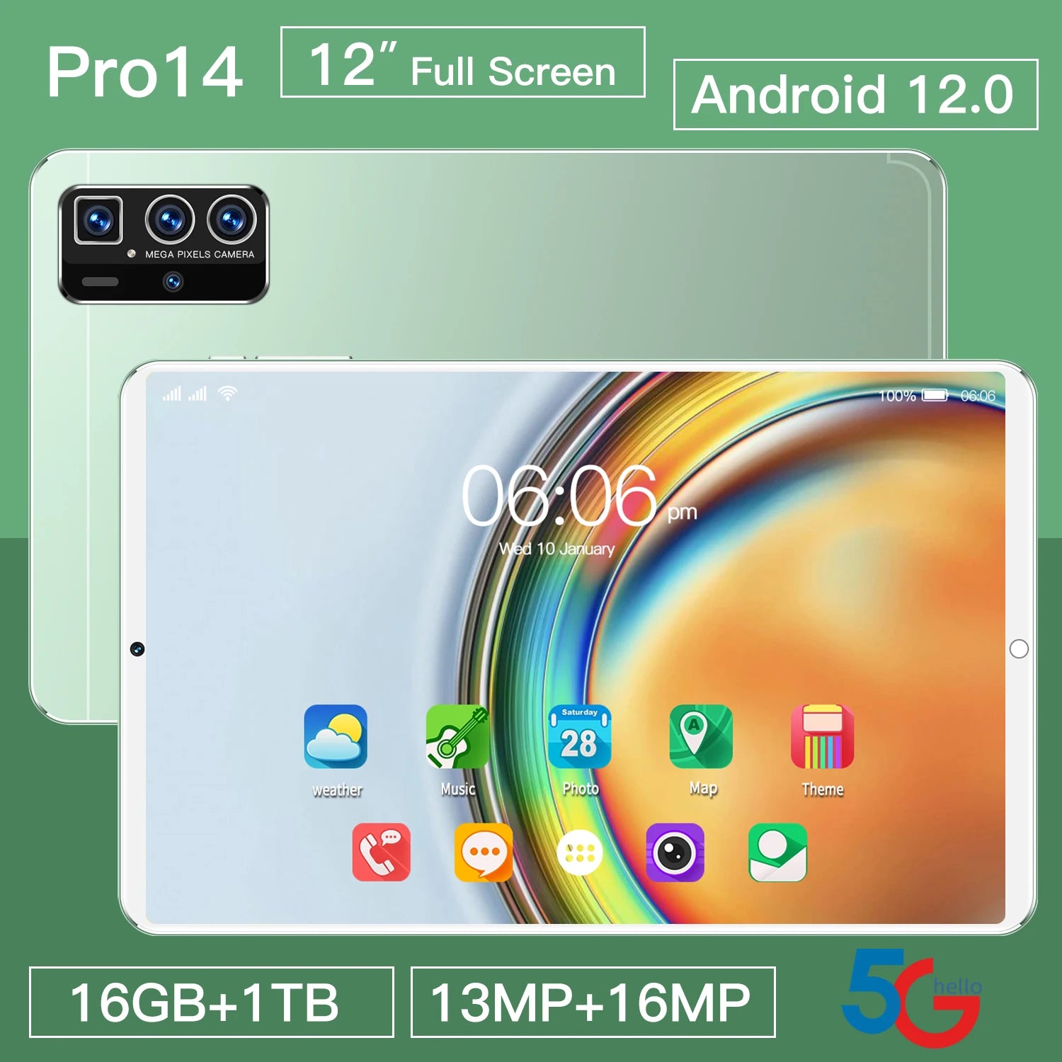 12 Inch Dual SIM Android Tablet  16GB+1TB 14 Pro Pro Branded Educational Phone Call Feature