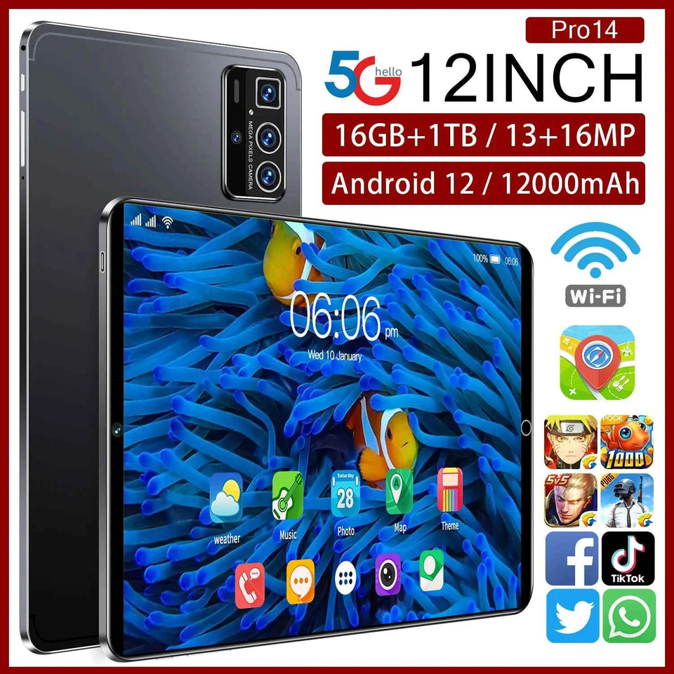 12 Inch Dual SIM Android Tablet  16GB+1TB 14 Pro Pro Branded Educational Phone Call Feature