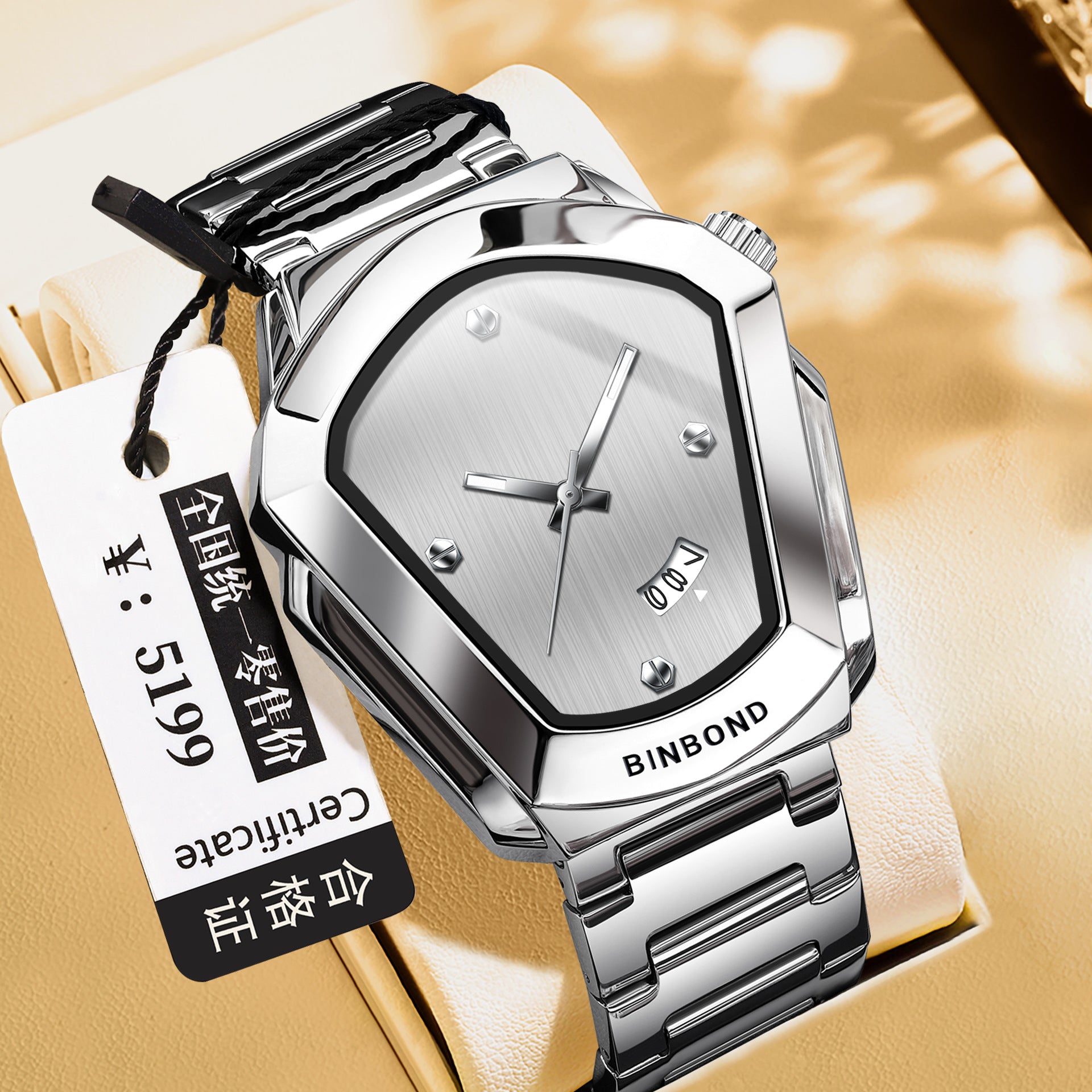 BINBOND Men's Quartz Watch — Crystal-Accent Dial, Steel Bracelet — product image 8