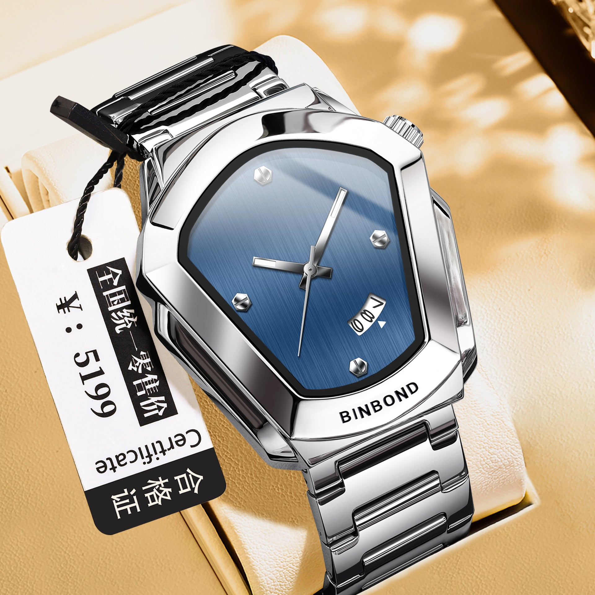BINBOND Men's Quartz Watch — Crystal-Accent Dial, Steel Bracelet — product image 7