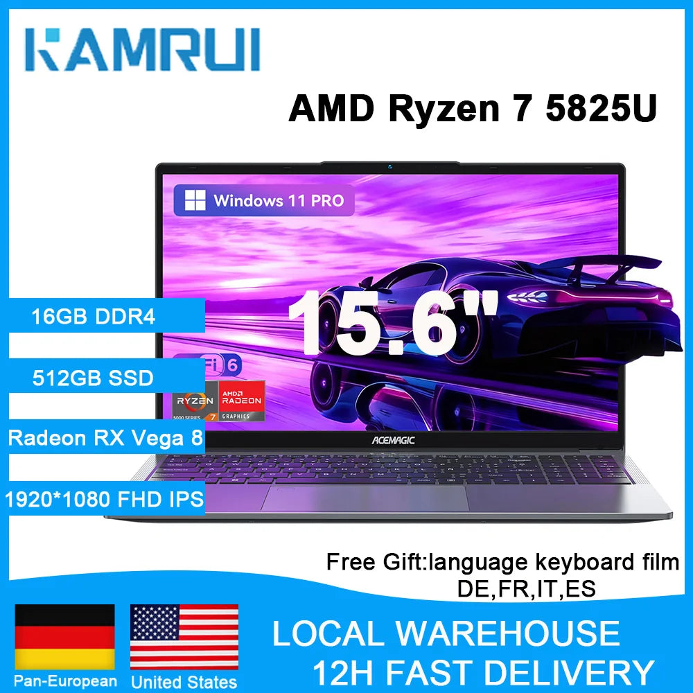 KAMRUI Gaming Laptop 15.6" IPS FHD AMD Ryzen 7 5825U/7430U 16GB DDR4 512GB NVMe SSD AMD Radeon RX Vega 8 Windows 11 PRO Notebook