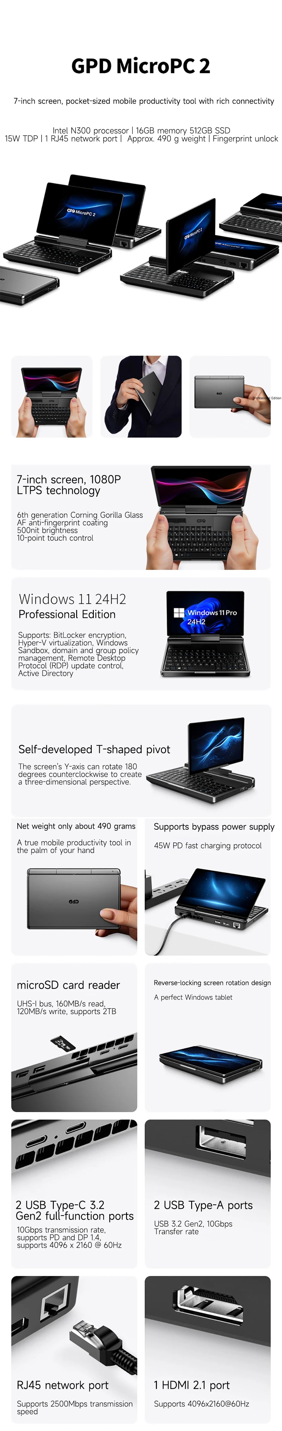 GPD MicroPC 2 — 7" Mini Laptop, Intel i3-N300, 16GB RAM, Up to 4TB SSD — product image 6