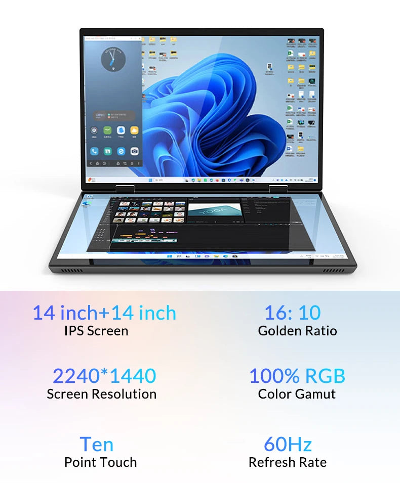 CRELANDER YG14D Dual Screen 2-in-1 Laptop – 14"+14" 2K Touch | Intel N95/N100 | Up to 32GB | RGB Backlit | 360° Flip