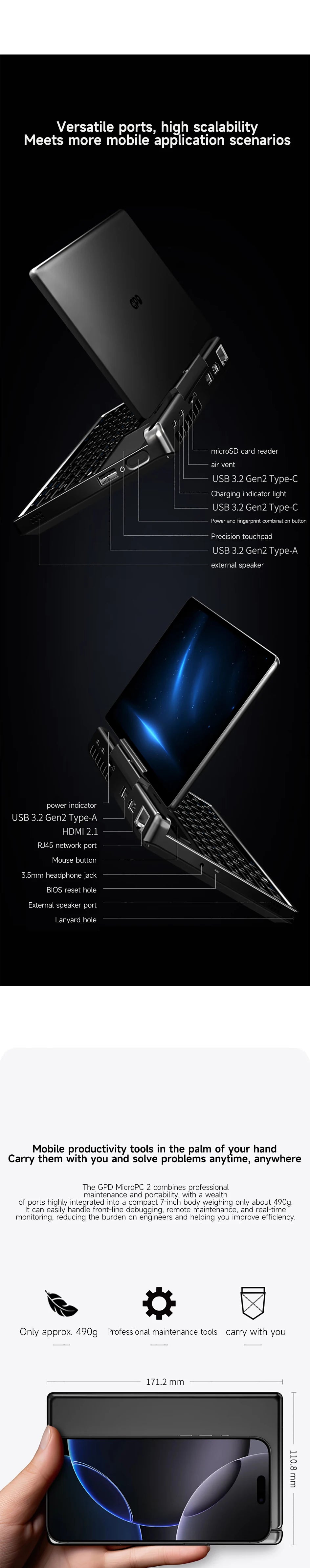 GPD MicroPC 2 — 7" Mini Laptop, Intel i3-N300, 16GB RAM, Up to 4TB SSD — product image 7