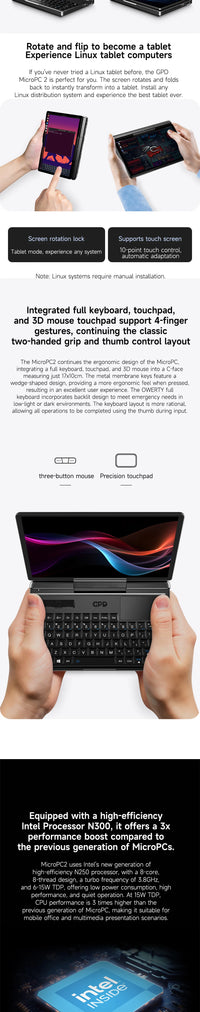GPD MicroPC 2 2025 – 7" Pocket Laptop | Intel i3-N300 | 16GB DDR5 | Up to 4TB SSD | Touch | Wi-Fi 6 | Windows 11 Pro