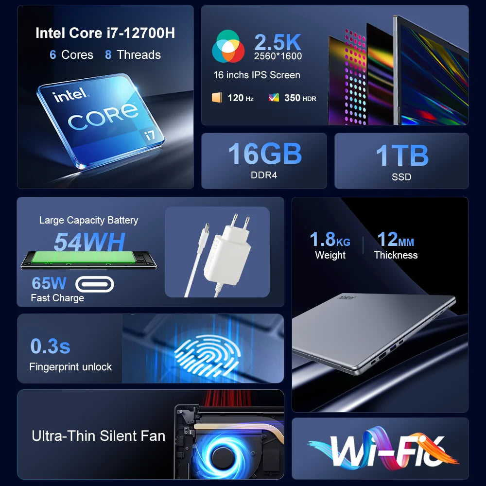 Ordinateur portable Ninkear N16Pro 16 pouces 2.5K 120Hz Intel Core i7-12700H WiFi 6 16Go RAM 1To SSD Windows 11 Ordinateur portable de bureau