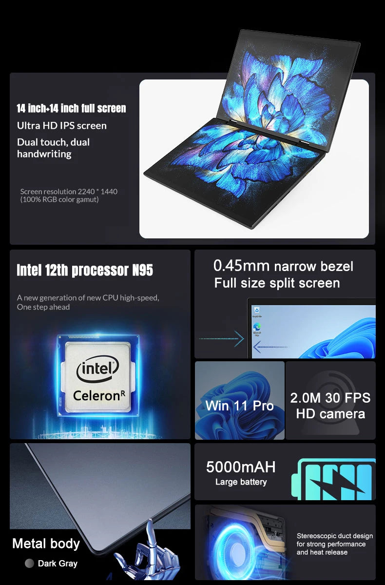 CRELANDER Dual-Screen Laptop — 14"+14" 2K Touch, 2-in-1 360° Flip, Intel N95/N100 — product image 10