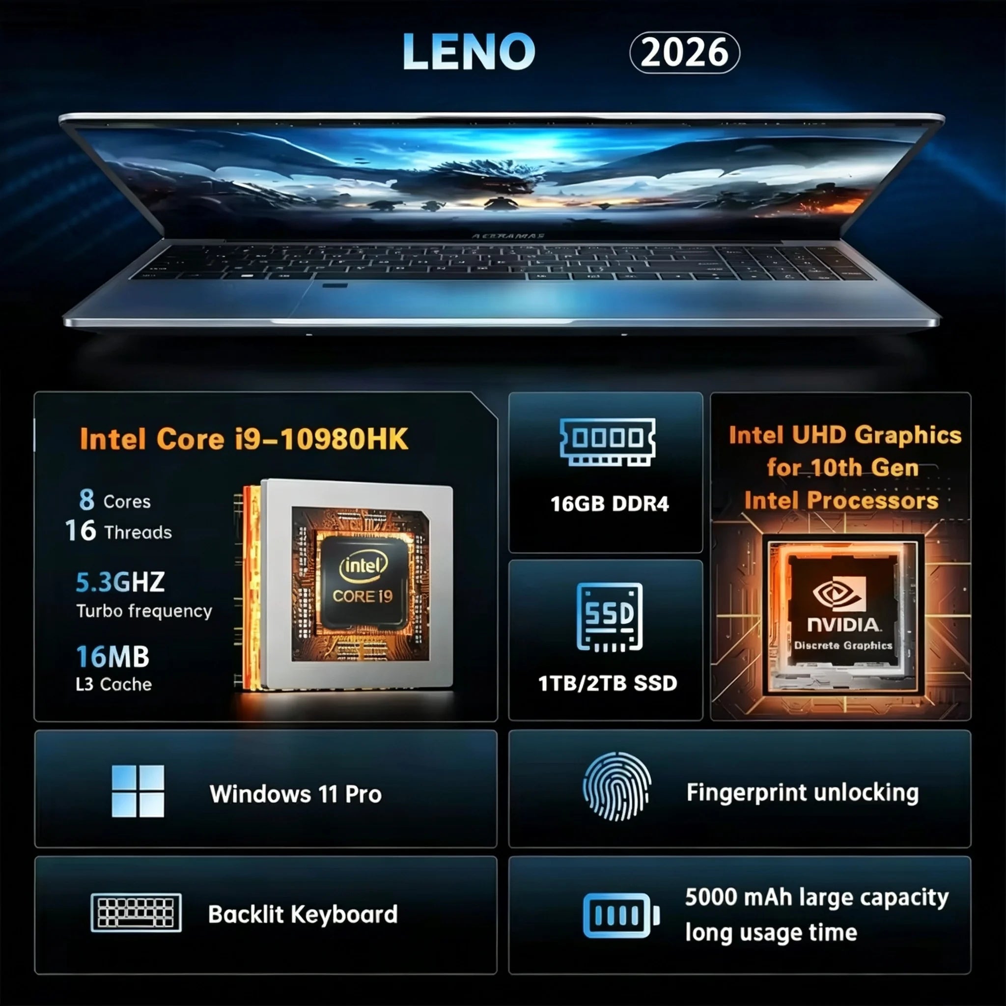 LENO 15.6" Gaming Laptop — Intel Core i9-10980HK, 16GB DDR4, 1TB SSD